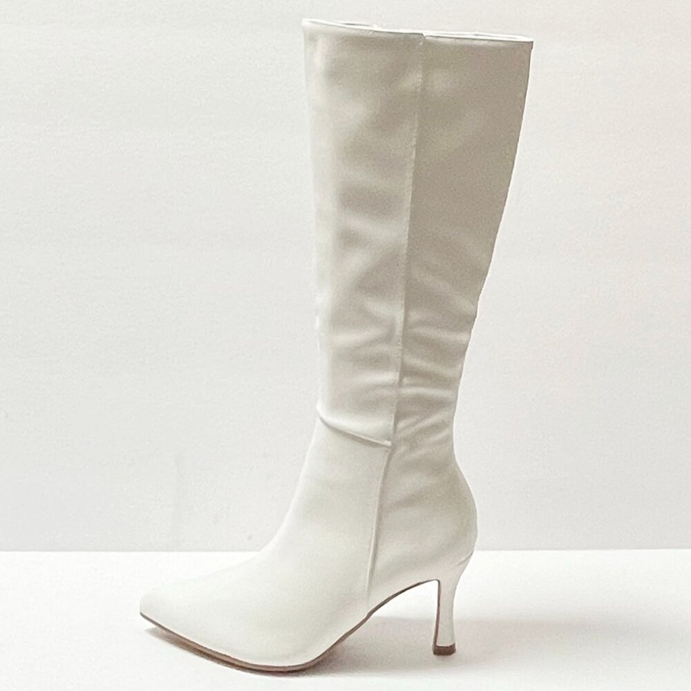 New Women White Pointed Toe Stiletto Kitten Heel Tall Knee High Boots